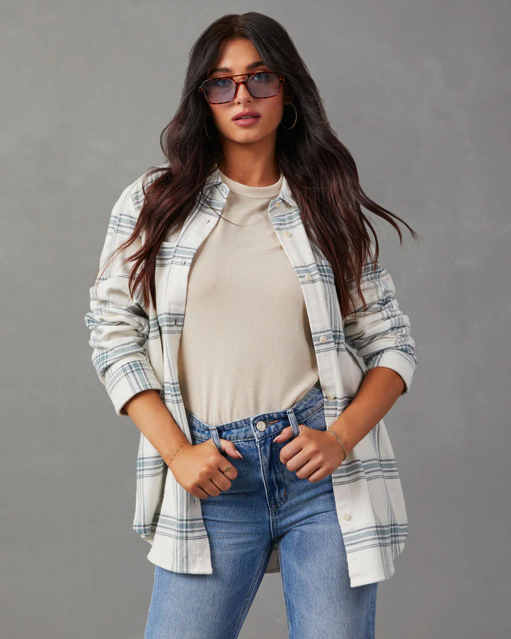 Ciera Oversized Cotton Plaid Button Down Top