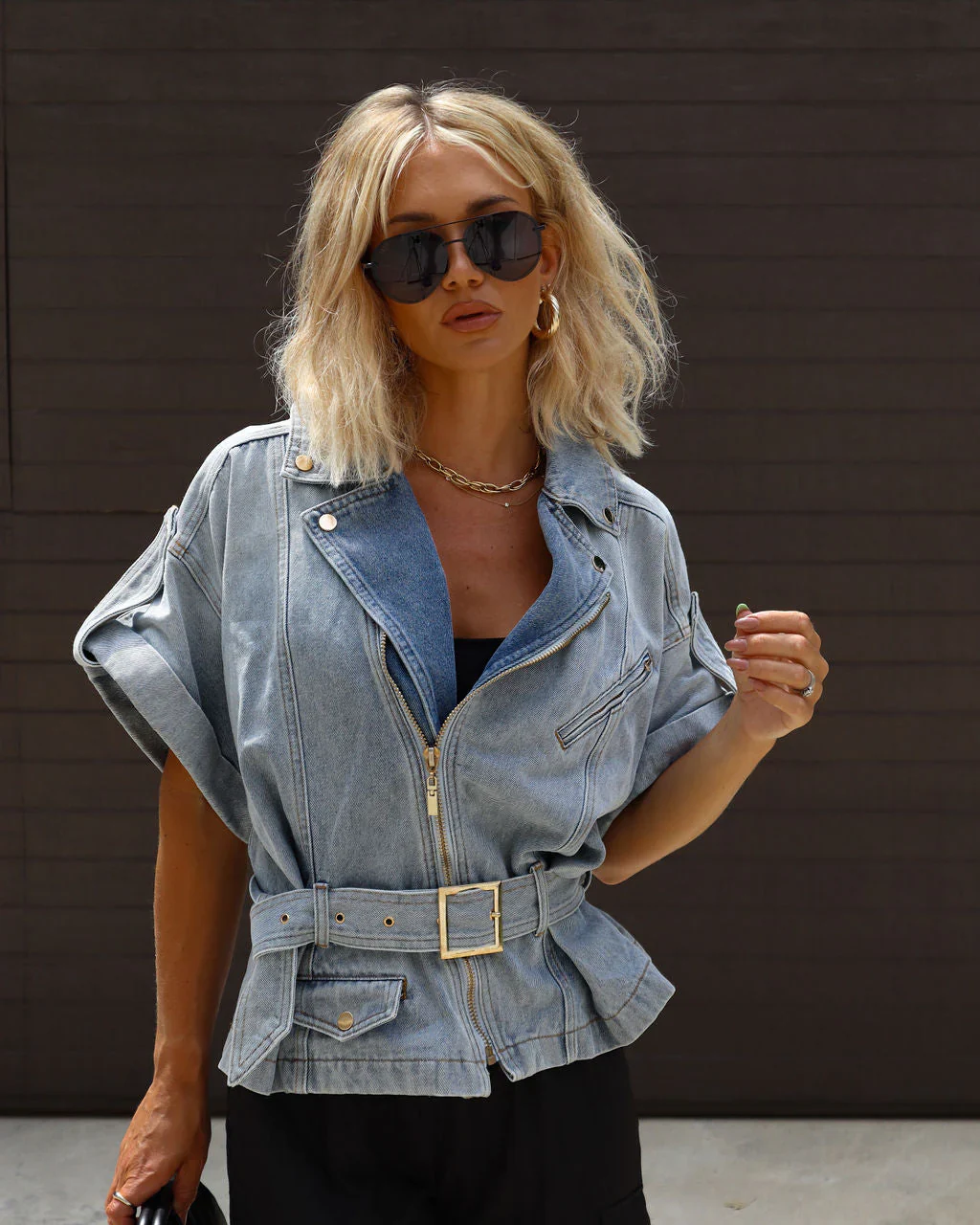 Belisse Belted Short Sleeve Denim Top