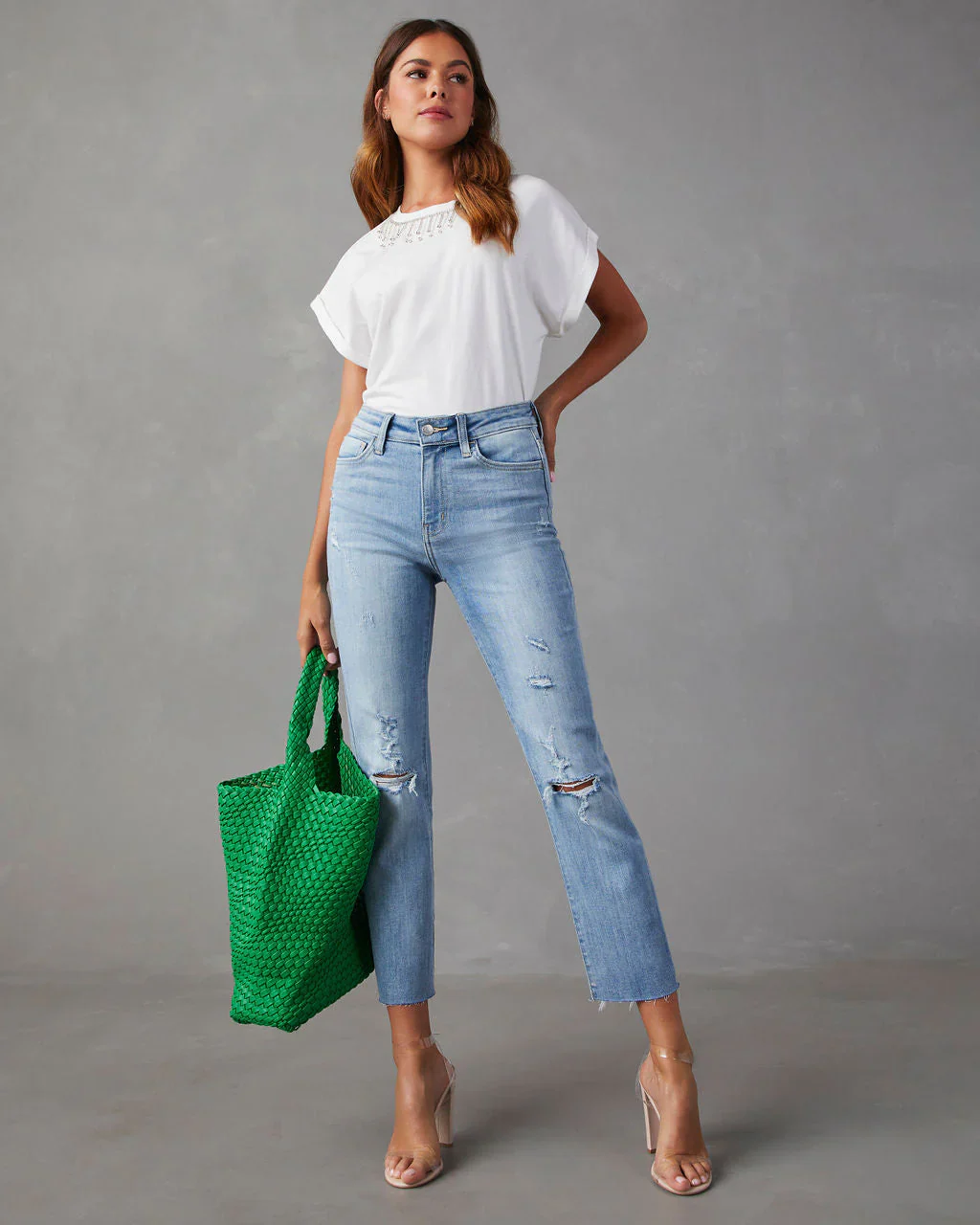 Affari Rhinestone Short Sleeve Top