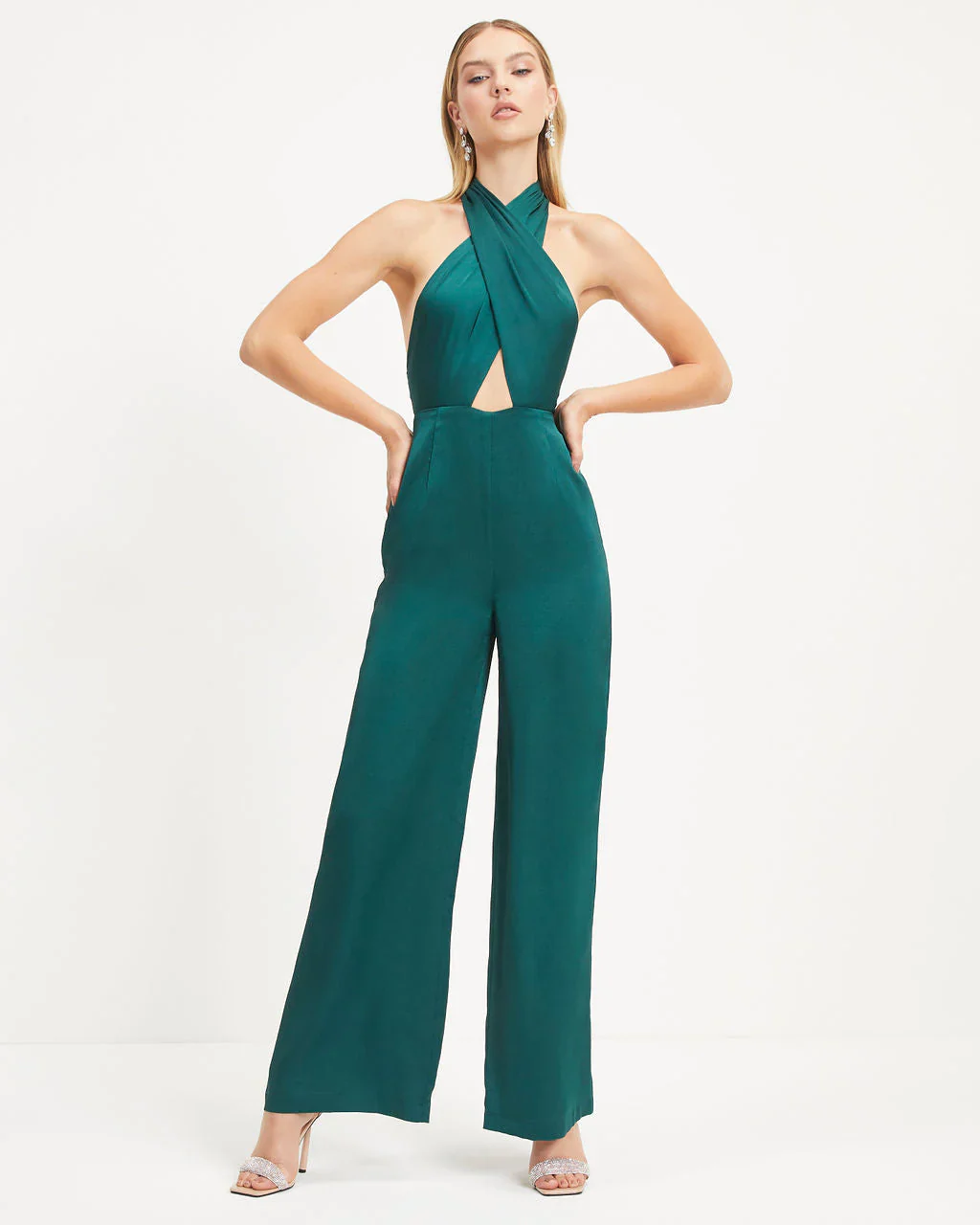 Selena Satin Criss Cross Halter Jumpsuit