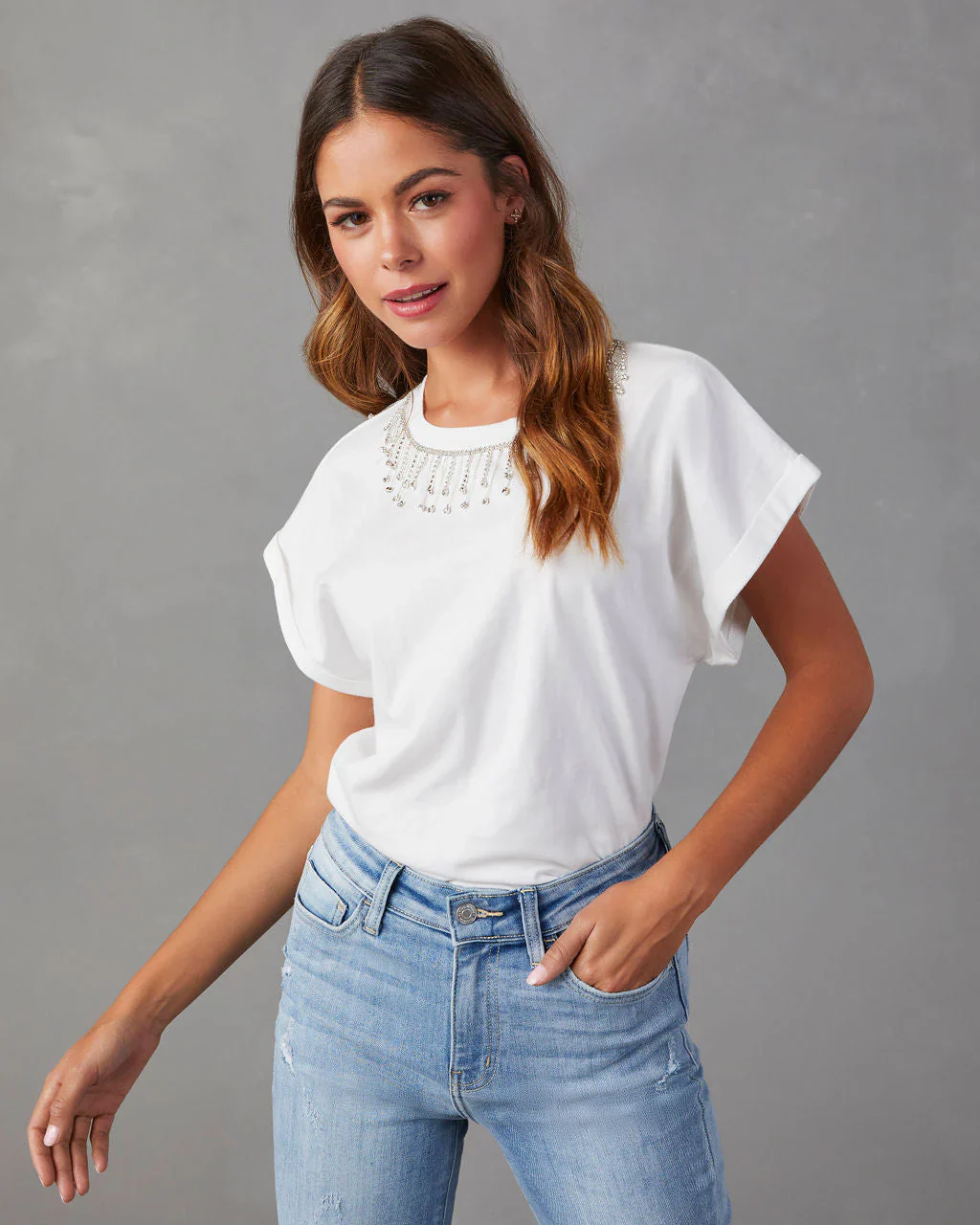 Affari Rhinestone Short Sleeve Top
