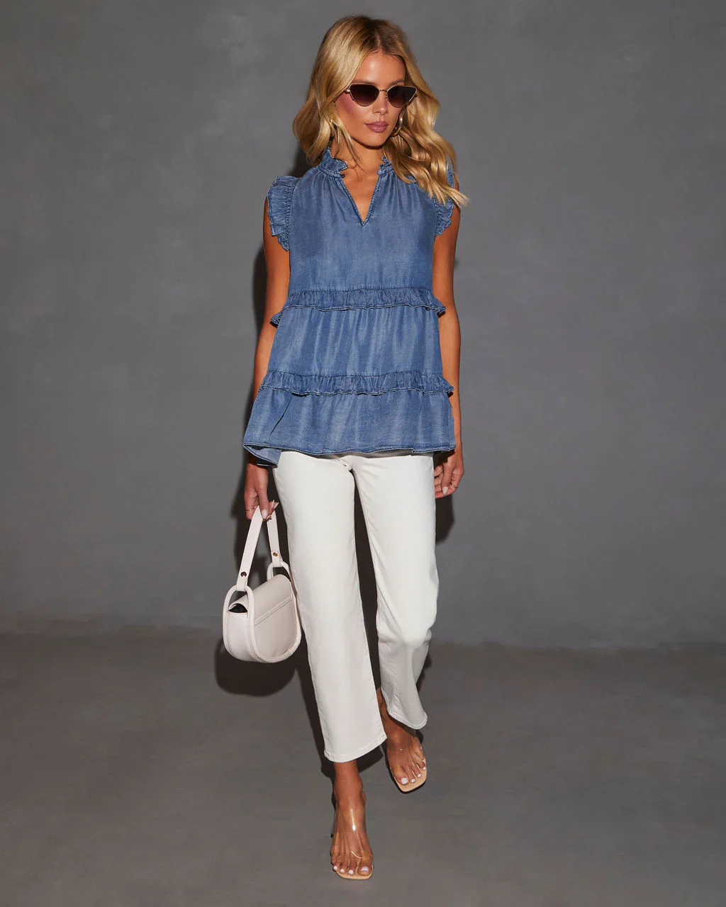 Nicole Chambray Ruffle Sleeveless Tiered Tunic