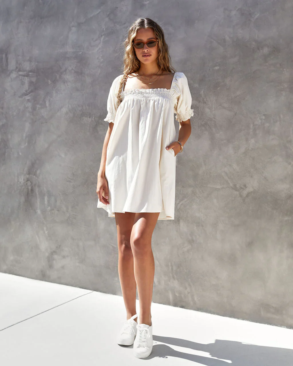 Helene Cotton Smocked Pocketed Babydoll Dress