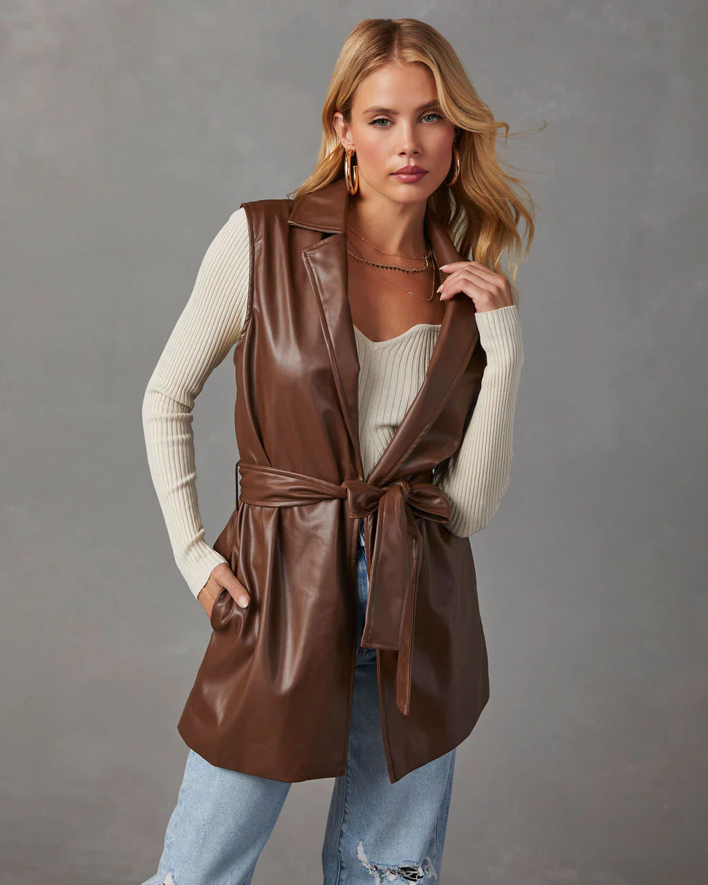 Im The Boss Faux Leather Tie Waist Vest