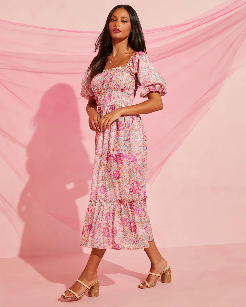 Garden Party Cotton Puff Sleeve Midi Dress